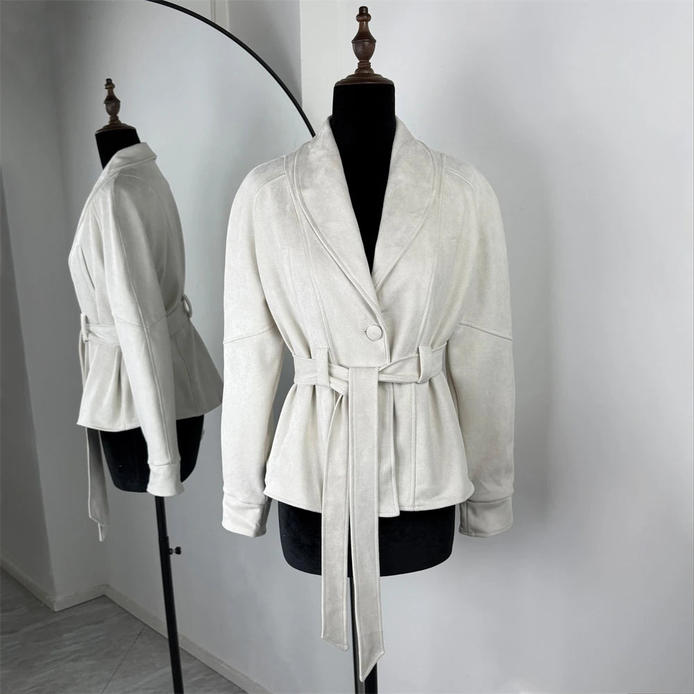 Tornova Retro Suede Long-sleeved Jacket Coat Female V neck Lace Up Jacket 2025 Autumn Winter New Commute Office Lady Outerwear