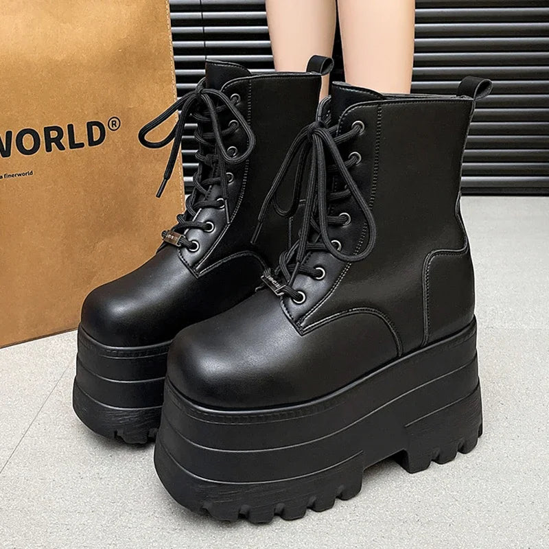 Women 13 CM Platform Boots Casual Outdoor Shoes Chunky Simple Lace Up Design Ankle Boots Cool Nightclub Party Black Shoes 35-43