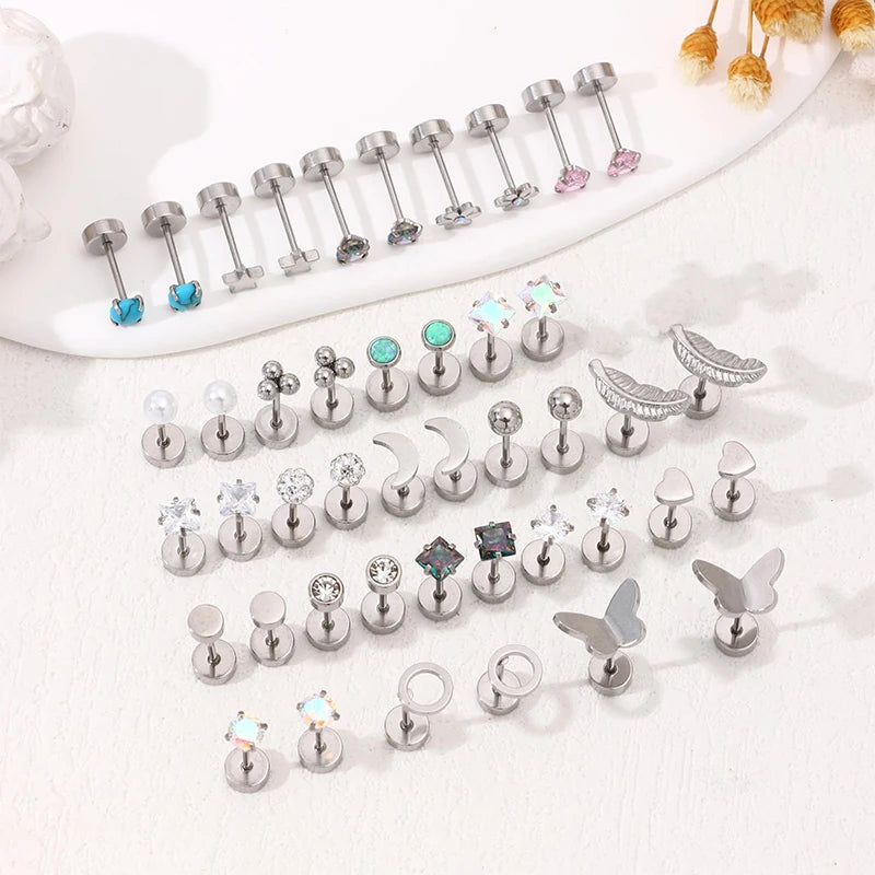 2PCS/Set Stainless Steel Heart Moon Earbone Stud Screw Ball Stud Earrings for Women Fashion Ear Tragus Cartilage Body Piercing