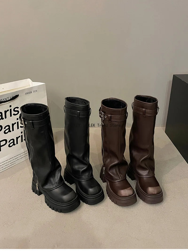 Winter Women Biker Boots Fashion Belt Buckle Ladies Elegant Platform Long Pipe Booties Casual Women's Knee High Booties