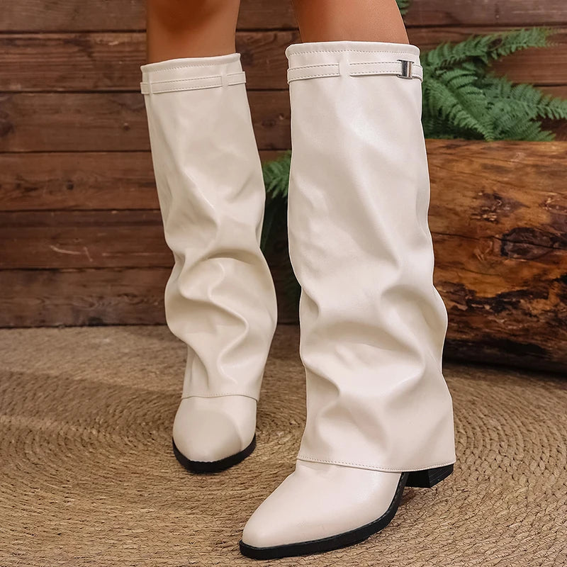 Fashion Fold Over Knee High Boots for Women Slip On Chunky High Heel Shark Boots Woman Wide Leg PU Leather Long Botas Mujer 2025