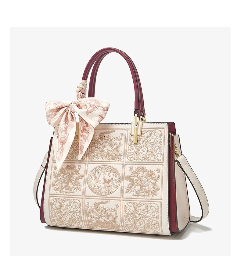 FOXER Split Leather 2025 Autumn Winter New Large Tote Handbag Women's Shoulder Bag Chinese Classic Embroidery Best Gift for Mom