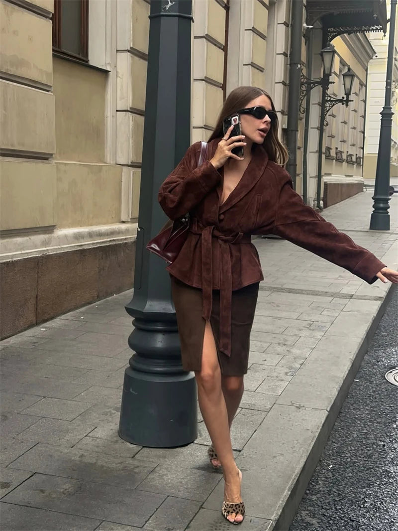 Tornova Retro Suede Long-sleeved Jacket Coat Female V neck Lace Up Jacket 2025 Autumn Winter New Commute Office Lady Outerwear