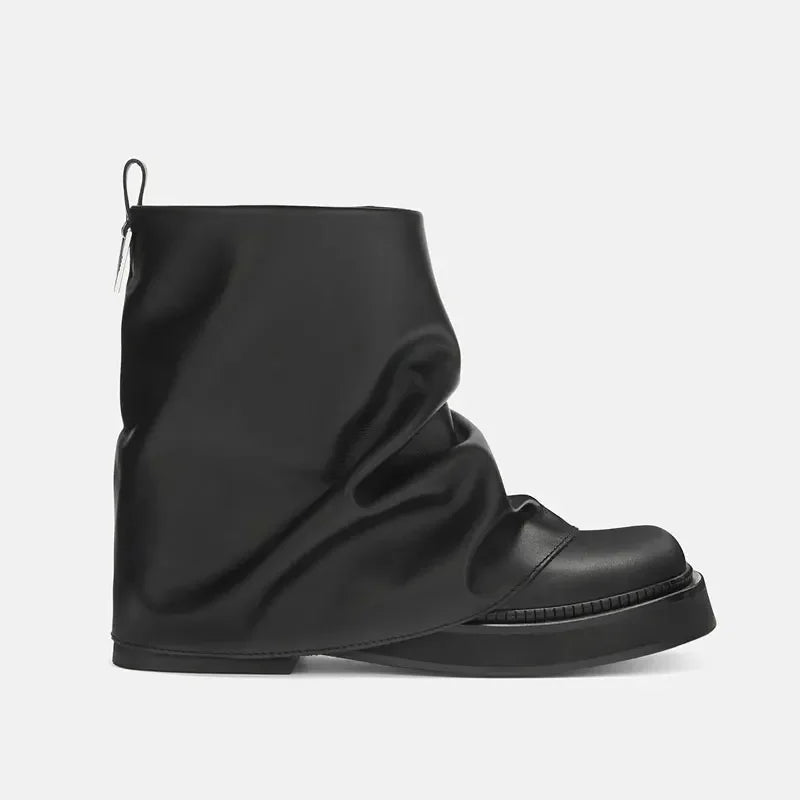 Women's New Autumn and Winter Calf Boots with Pleated Thick High Heels and Fashionable Oversized Street Leather Mid Leg Boots