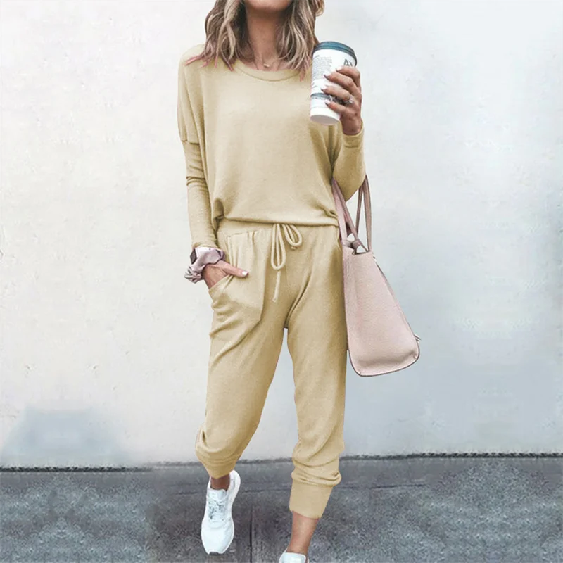 Hot Women's Long Sleeve Round Neck Top and Pants Set Simple Solid Colour Pajama Set Casual O Neck Two Piece Outfit