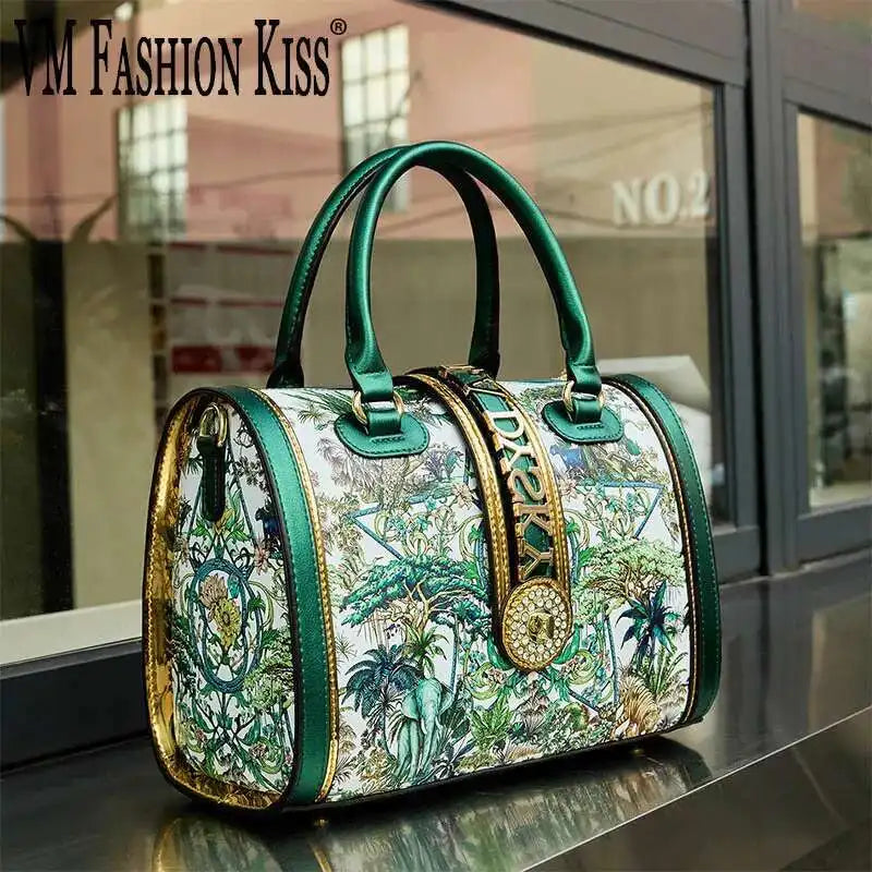 VM FASHION KISS new Top handle bag Jungle print Large-capacity Boston Handbags Women's Totes Microfiber Messenger Shoulder Bag