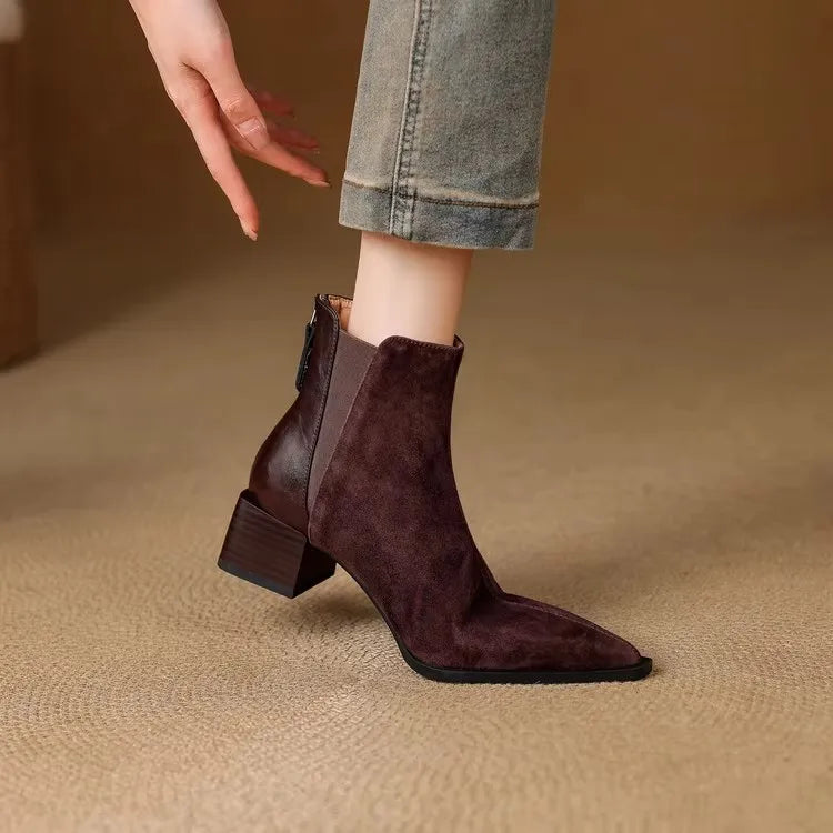Autumn Winter Women Thick Heel Ankle Boots Elegant Back Zippers Shoes Modern Leather Suede Splicing Short Botas Para Mujer