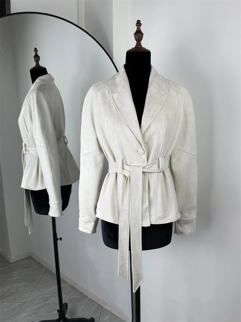 Tornova Retro Suede Long-sleeved Jacket Coat Female V neck Lace Up Jacket 2025 Autumn Winter New Commute Office Lady Outerwear