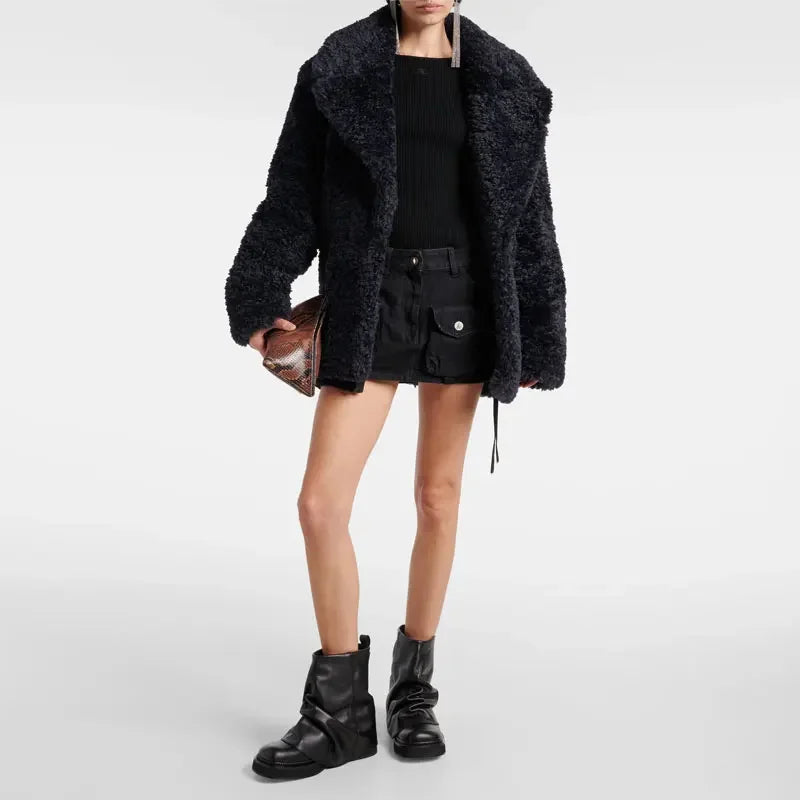 Women's New Autumn and Winter Calf Boots with Pleated Thick High Heels and Fashionable Oversized Street Leather Mid Leg Boots