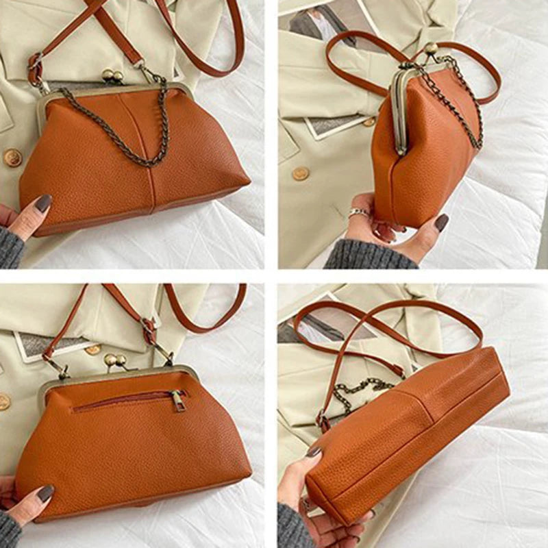 Vintage Soft Skin Shell Bag New Lychee Pattern Handbag Simple And Versatile Shoulder Bag Clip Chain Crossbody Women's Bag