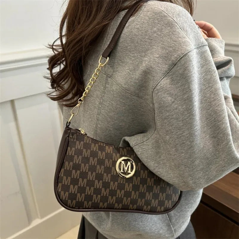 Vintage Style Handbag Crossbody Bag, Gold Letter 'M' Design Pu Leather Shoulder Messenger Bag, Synthetic Leather Tote Bag, Purse