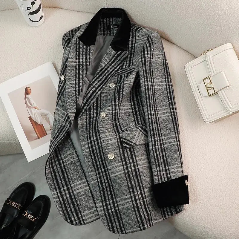 Autumn Winter New Blazer Coats Women's Woolen Jackets Long Sleeve Plaid Print Vintage Thick Outerwears Elegant Jaqueta Feminina