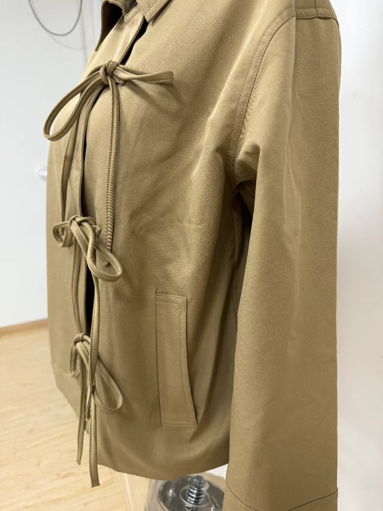 Stylish Cool Jackets Bow Tie Loose Lapel Pocket Coat Casual Vintage Women's Chic Versatile Outerwears Autumn Female Clothing