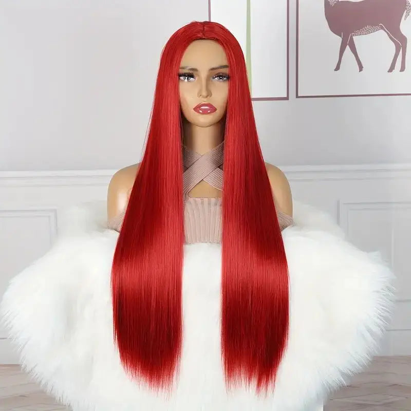 Synthetic Wig For Lady With Long Straight Hair, Parting With Bangs. Natural Synthetic Fabric Matte Finish Full Head Cover.
