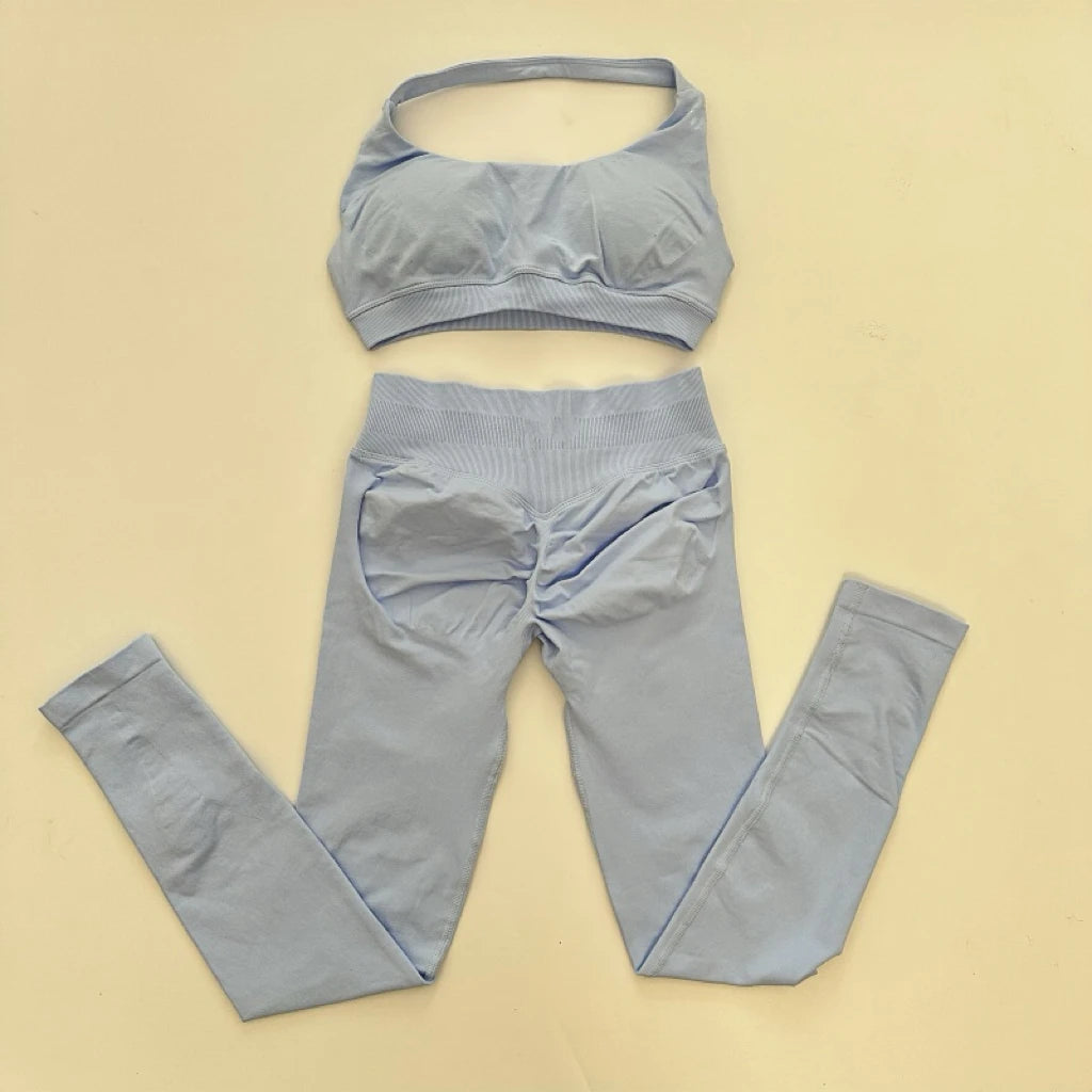 Ladies seamless yoga suit; two-piece fitness leggings; hip-lifting yoga pants set; gym sport suit; backless sports bra with