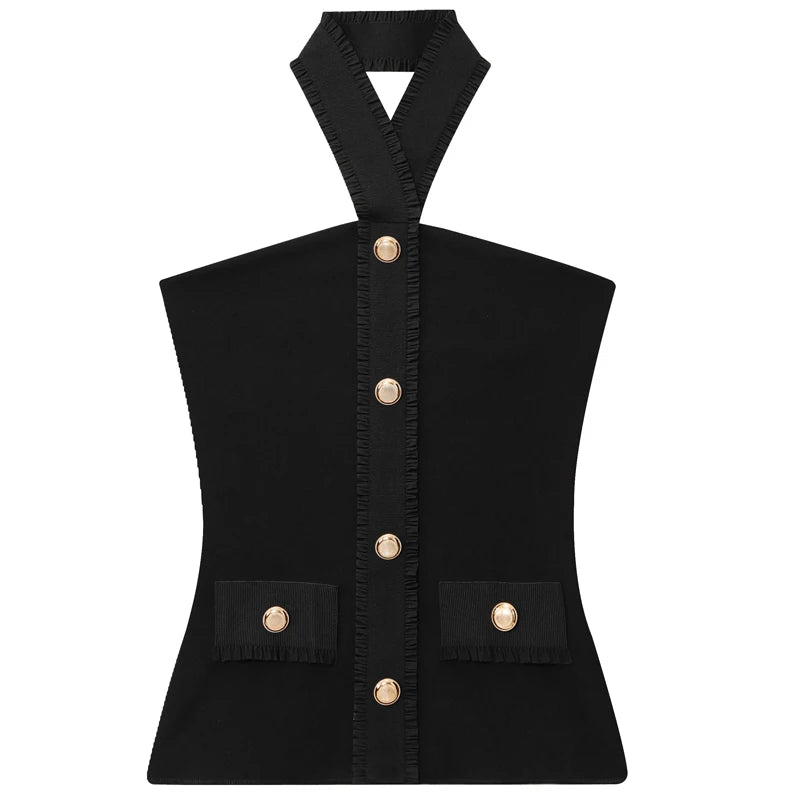 HXAO Black Flared Pant Sets Women's Two Pieces Set Button Halter Corset Top 2 Pieces Set Outfit High Waist Elastic Trousers Sets