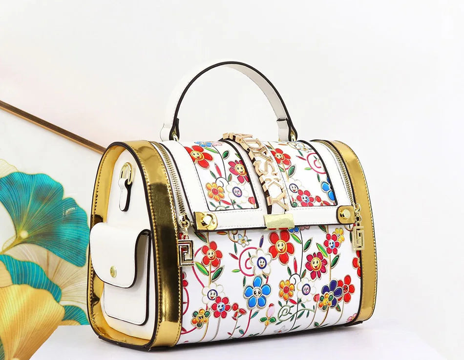 Women Boston Bag Printed Pattern Handbag Large Capacity Shoulder Crossbody Bag Double Zipper Half Cover Style Top Top Handle Bag