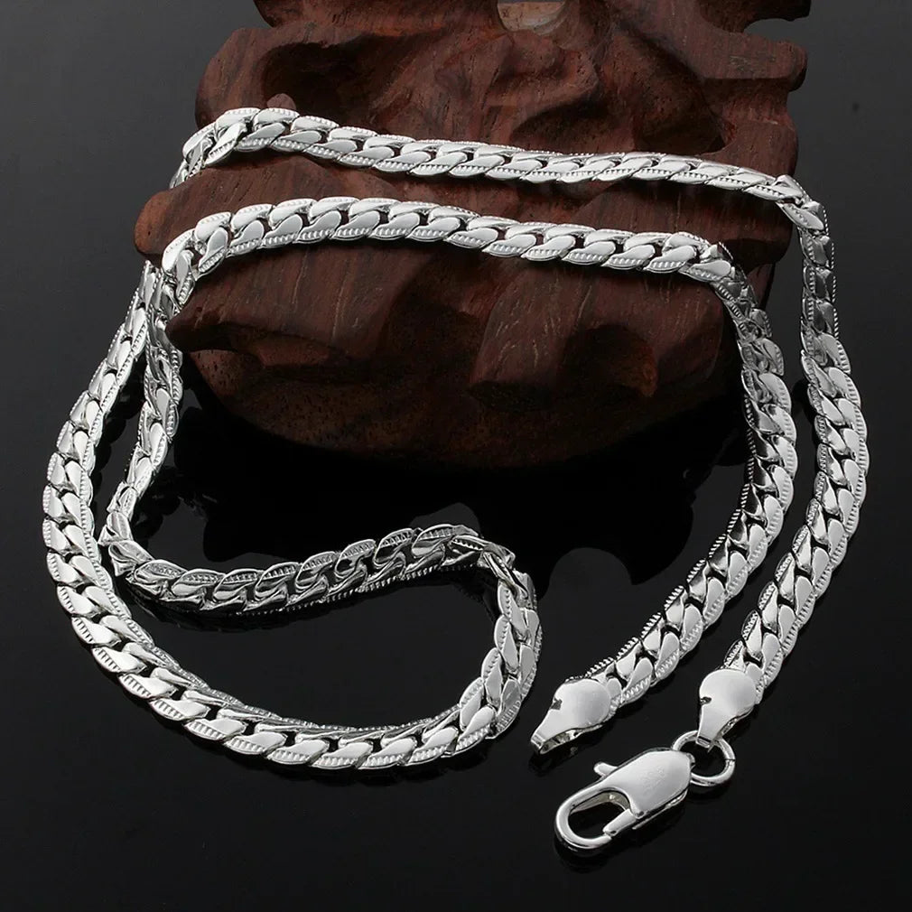 925 Sterling Silver 2 Piece Full Side Chain Necklace Bracelet Women Men Fashion Jewelry Set Wedding Gift