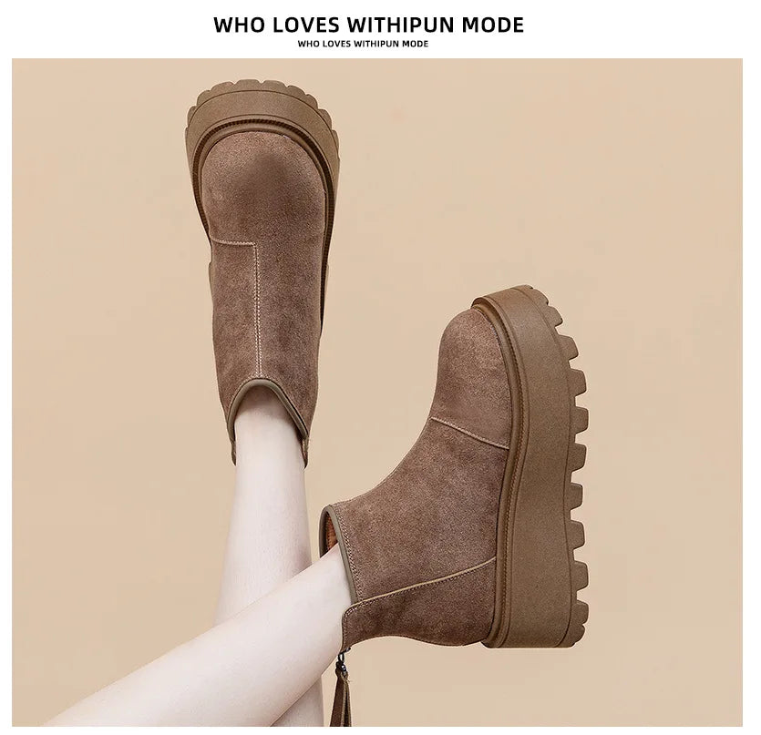 Fujin 7cm Suede Cow Genuine Leather Snow Boots Women Ankle Booties Platform Wedge Winter Plush Chelsea Boots Shoes for Women