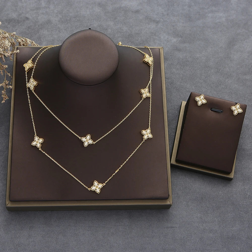 Luxury Flower Statement Necklace earring ring BraceletJewelry Set For Women Wedding Party Full Zircon Dubai Bridal jewelry N0555