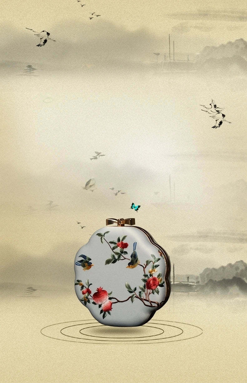 Cape-Bay Retro Versatile Women's Small Round Bag Mini Bag Chain Bag Bead Bag New Middle-Aged Mother Bag Ethnic Style Flower and Bird Embroider Shoulder Bag Crossbody Bag Wedding Banquet Wedding Bag with Cheongsam Bag Hard She