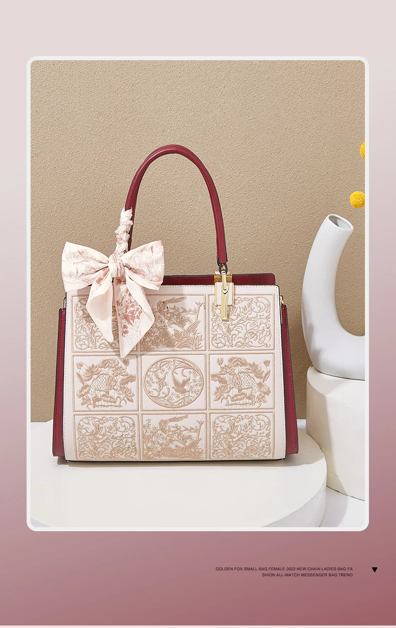 FOXER Split Leather 2025 Autumn Winter New Large Tote Handbag Women's Shoulder Bag Chinese Classic Embroidery Best Gift for Mom