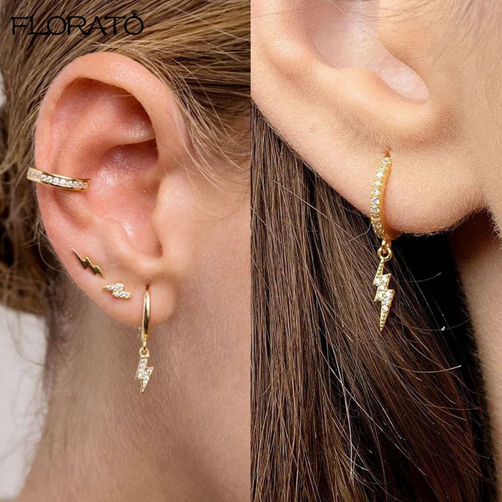925 Sterling Silver Needle Lightning Pendant Earrings Charming Pave Crystal Gold Hoop Earrings for Women Fashion Jewelry Gifts