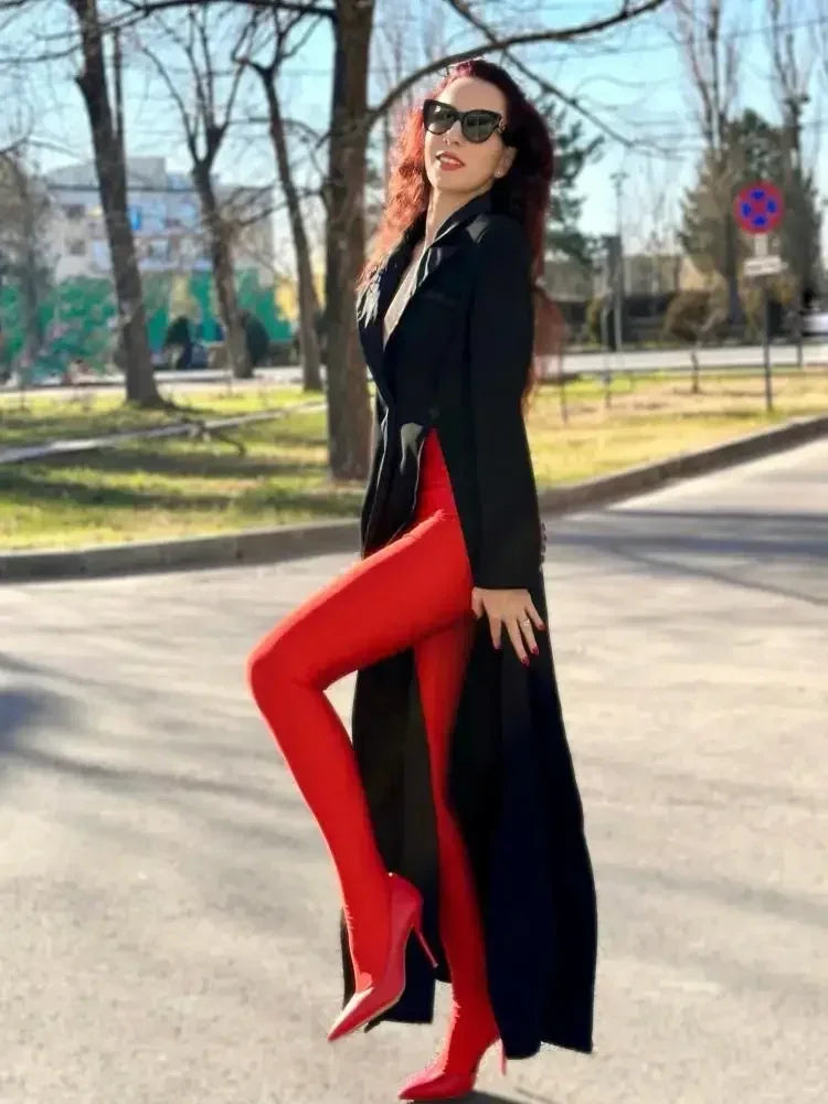 Missuoo Women's Black Extra-long Blazer Coat Lapel V-neck Long Sleeves Split-side Elegant Outerwears 2025 Fall New