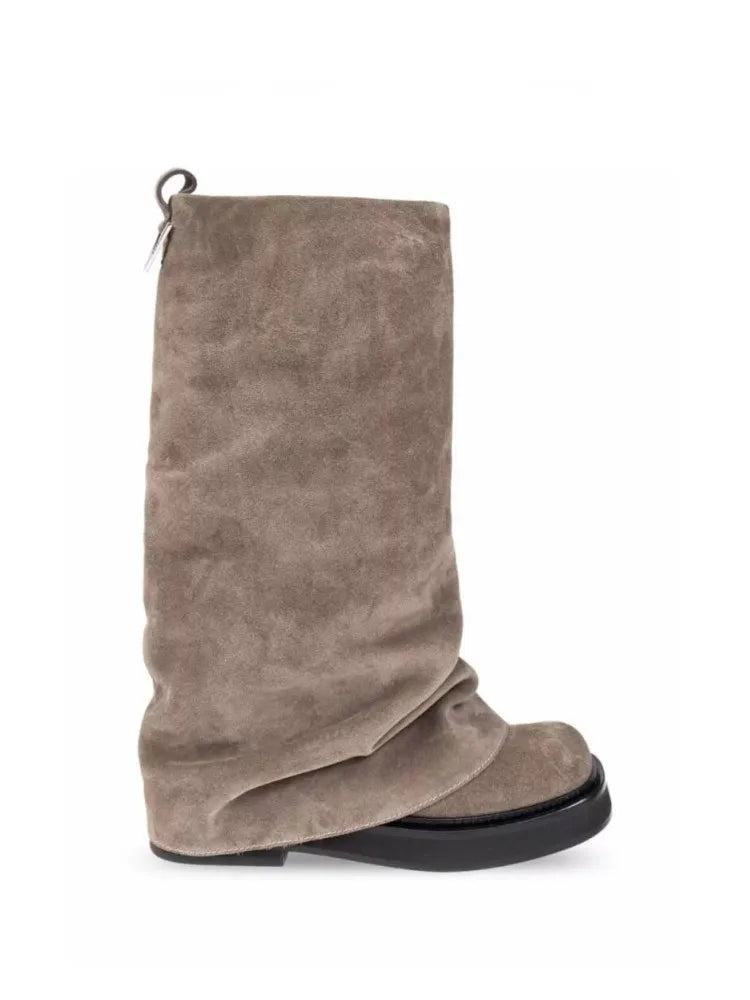 Women's New Autumn and Winter Calf Boots with Pleated Thick High Heels and Fashionable Oversized Street Leather Mid Leg Boots