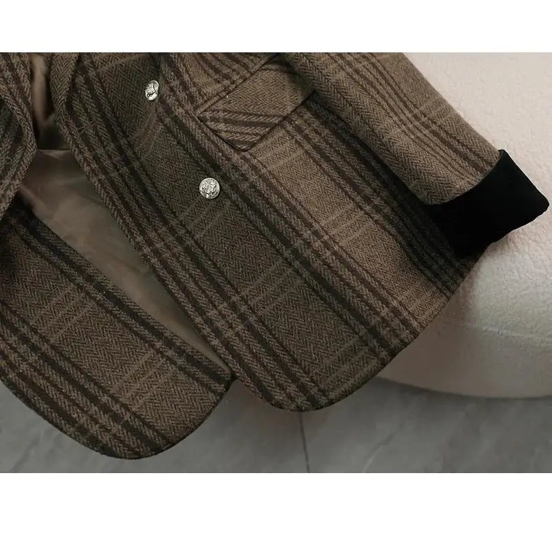 Autumn Winter New Blazer Coats Women's Woolen Jackets Long Sleeve Plaid Print Vintage Thick Outerwears Elegant Jaqueta Feminina
