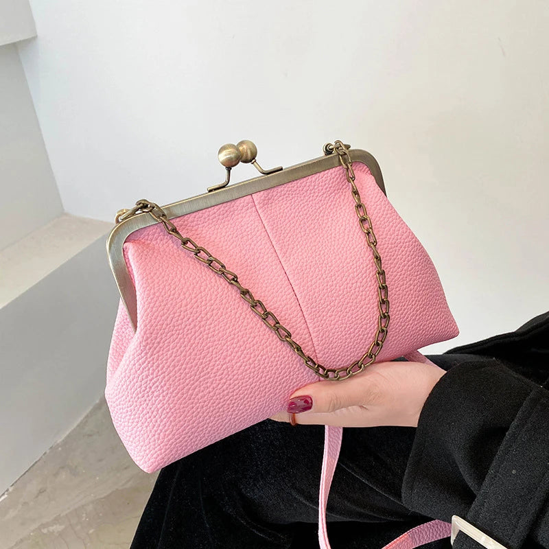 Vintage Soft Skin Shell Bag New Lychee Pattern Handbag Simple And Versatile Shoulder Bag Clip Chain Crossbody Women's Bag