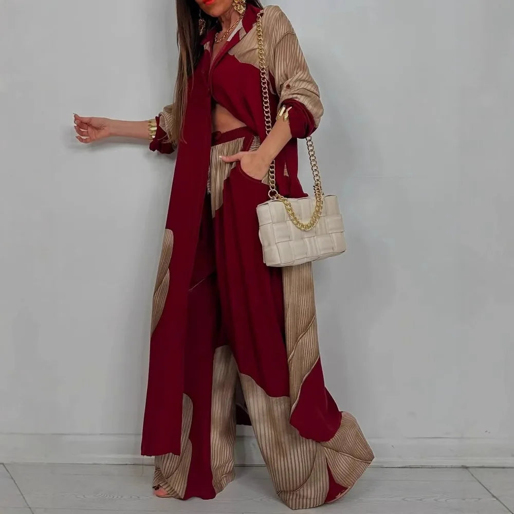 Women Pant Sets Print Long Shirts Two Piece Single Breasted T Shirt Fulls Sleeve Loose Elegant Wide Leg Pants Patchwork