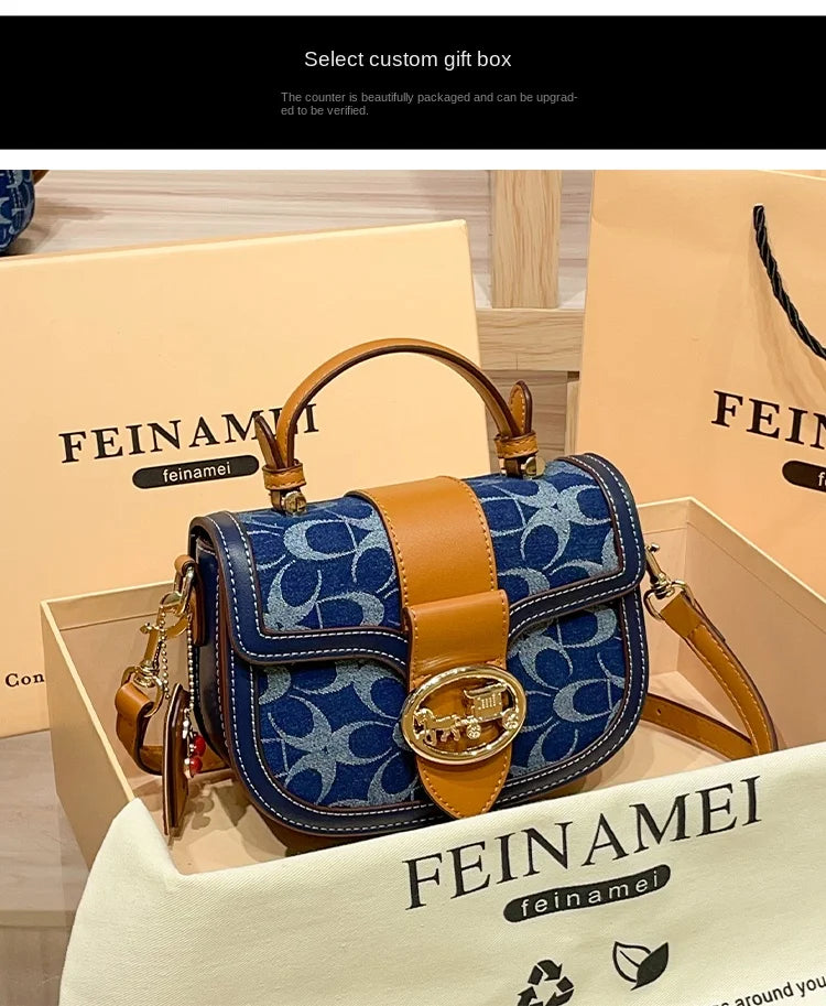 Ladies' handbag, light luxury retro denim canvas bag, fashionable 2025 new style saddle bag, high-end single shoulder crossbody