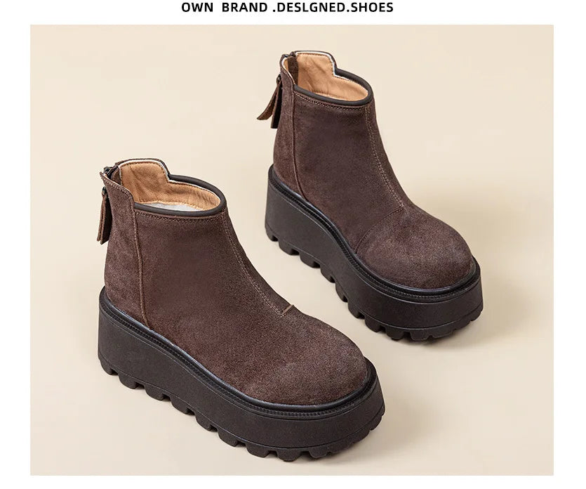 Fujin 7cm Suede Cow Genuine Leather Snow Boots Women Ankle Booties Platform Wedge Winter Plush Chelsea Boots Shoes for Women