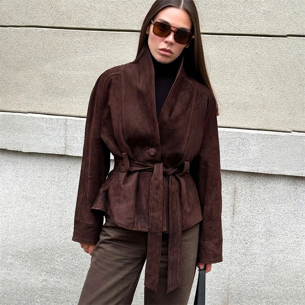 Tornova Retro Suede Long-sleeved Jacket Coat Female V neck Lace Up Jacket 2025 Autumn Winter New Commute Office Lady Outerwear
