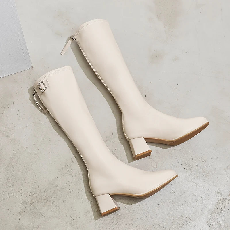 XiangXiangLi Women's Knee-High Boots with Fleece Lining Chunky Heel Long Tube Boots