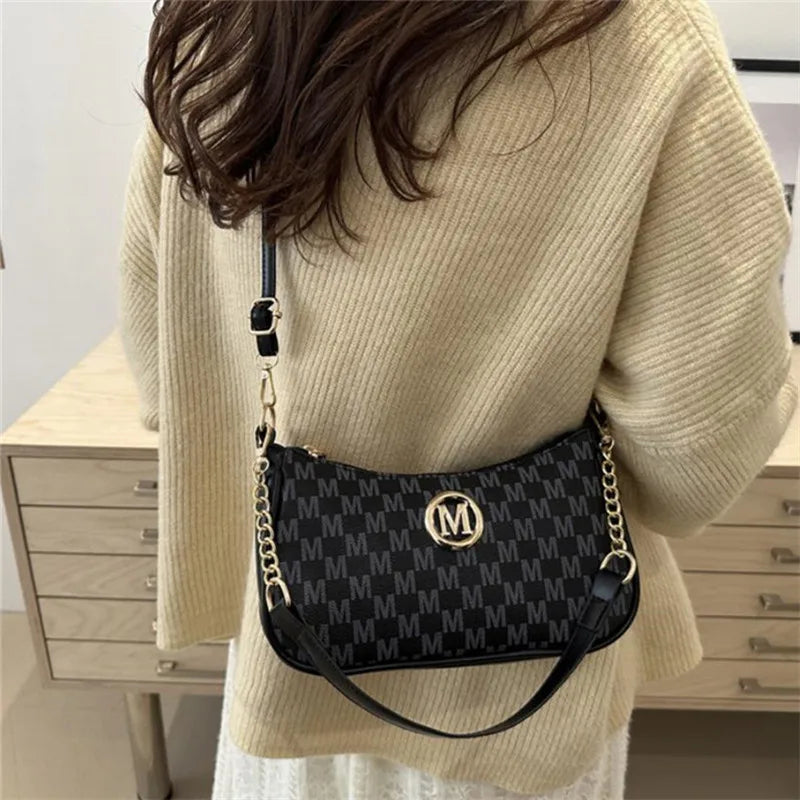 Vintage Style Handbag Crossbody Bag, Gold Letter 'M' Design Pu Leather Shoulder Messenger Bag, Synthetic Leather Tote Bag, Purse