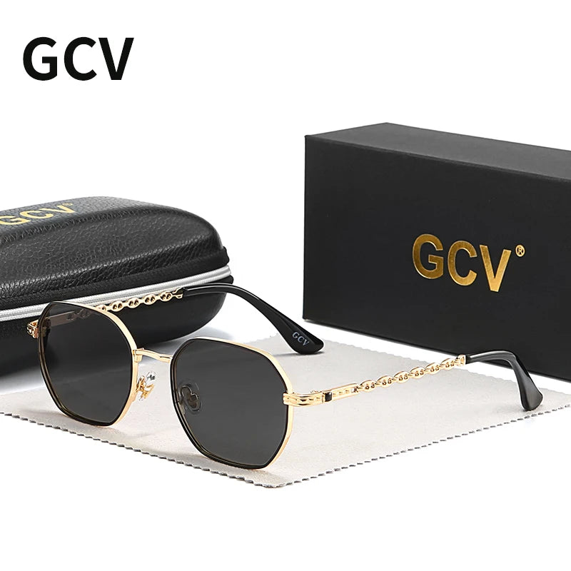 GCV brand classic retro women's rectangular square metal frame glasses, sunglasses, Polaroid lenses，Box Oculos De Sol Gafas