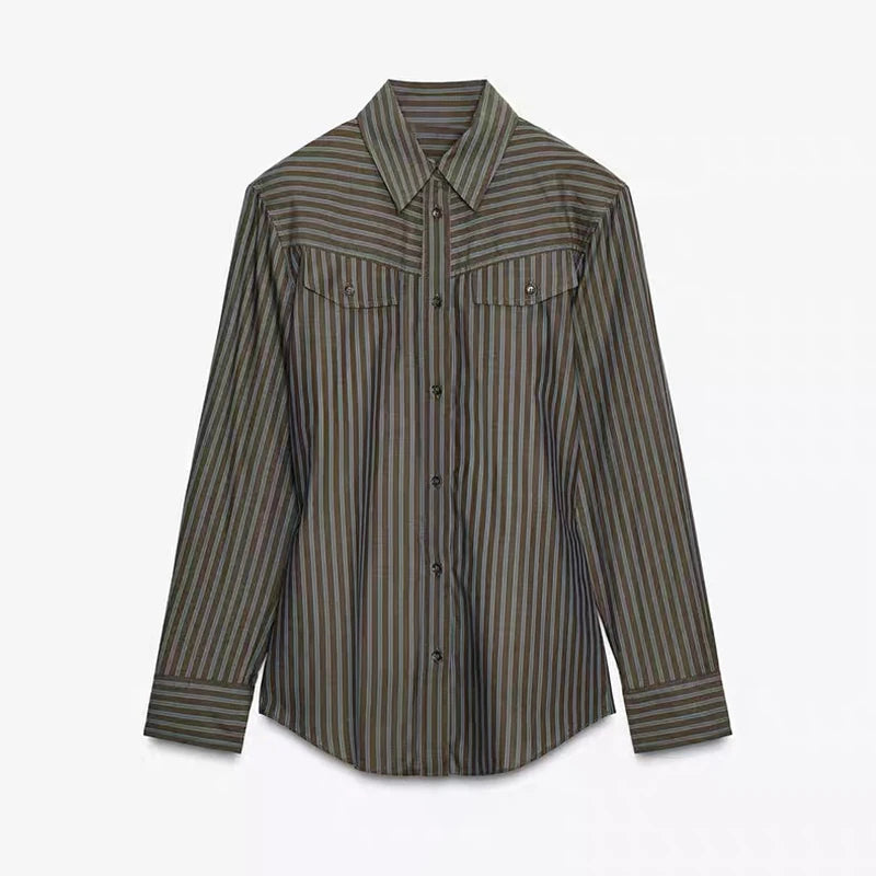 Vintage Stripe Shirt Pant Sets Women's Lapel Single-breasted Tops Front Pleated Trousers 2025 New Ladies Autumn Solid Streetwear