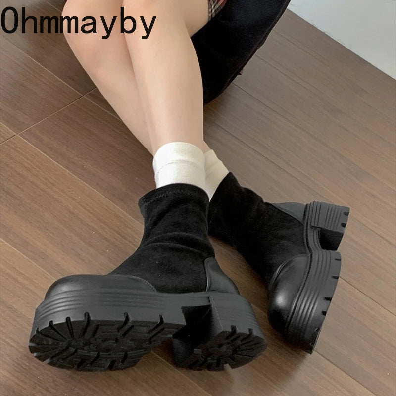 Vintage Platform Thick Sole Woman Ankle Boots Design Back Zippers Shoes Autumn Winter Slim Height Increase Short Botas