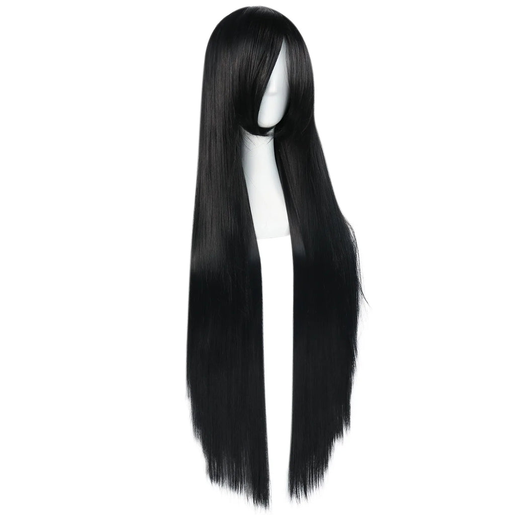 38inch Synthetic Super Long Silky Straight Black Cosplay Wig with Bangs for Halloween & 1pc Wig Cap