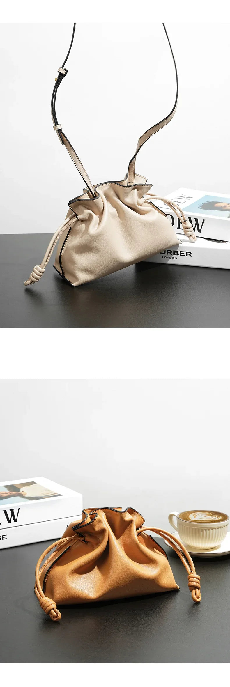 Classic Flamenco Lucky Bag, Genuine Leather Cloud Bag with Drawstring, Shoulder Bucket Bag for Women, Autumn and Winter