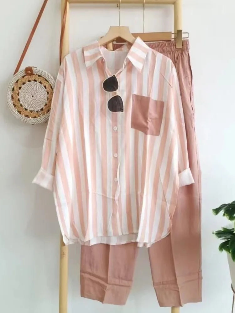 Plus Size Loose Casual Two Piece Sets Women 2025 Fashion Elegant Comfort Striped Long Sleeve Shirts And Long Pants Sportswear