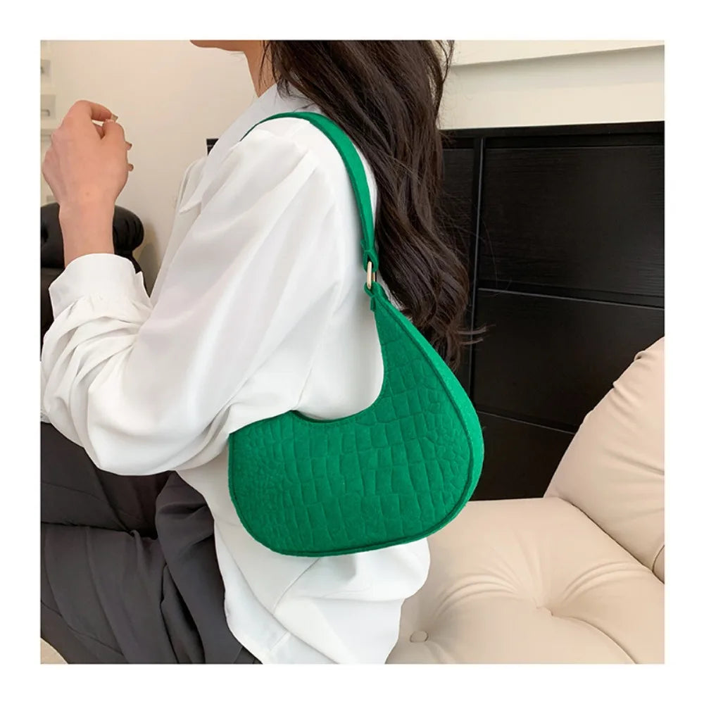 Women Bags Shoulder Retro Leisure Handbag Pure Felt Fashion Underarm Bag Crescent Saddle Bag for Ladies Advanced Armpit Bag 2025
