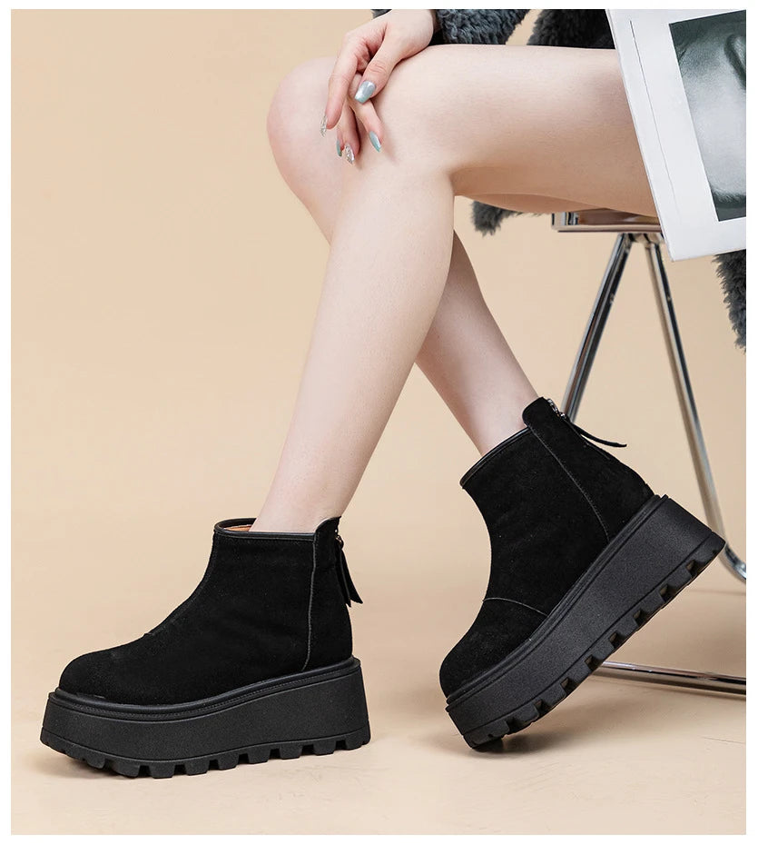 Fujin 7cm Suede Cow Genuine Leather Snow Boots Women Ankle Booties Platform Wedge Winter Plush Chelsea Boots Shoes for Women