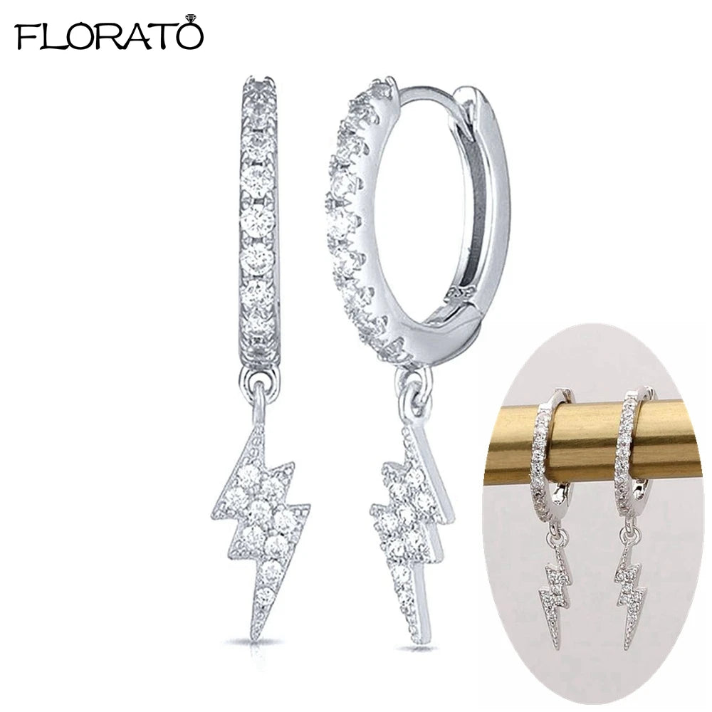 925 Sterling Silver Needle Lightning Pendant Earrings Charming Pave Crystal Gold Hoop Earrings for Women Fashion Jewelry Gifts