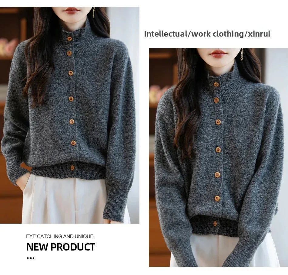Pure Wool Thickened Knitted High Collar Sweater Coat for Women Winter Season Button up Cardigan Outerwear Floral Pattern