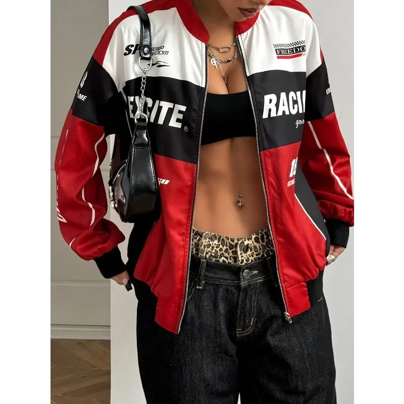 Varsity Jacket Tops Women's Patchwork Long Sleeve Racing Bomber Letterman Jackets Color Block Y2k Outerwear Vintage Streetwear
