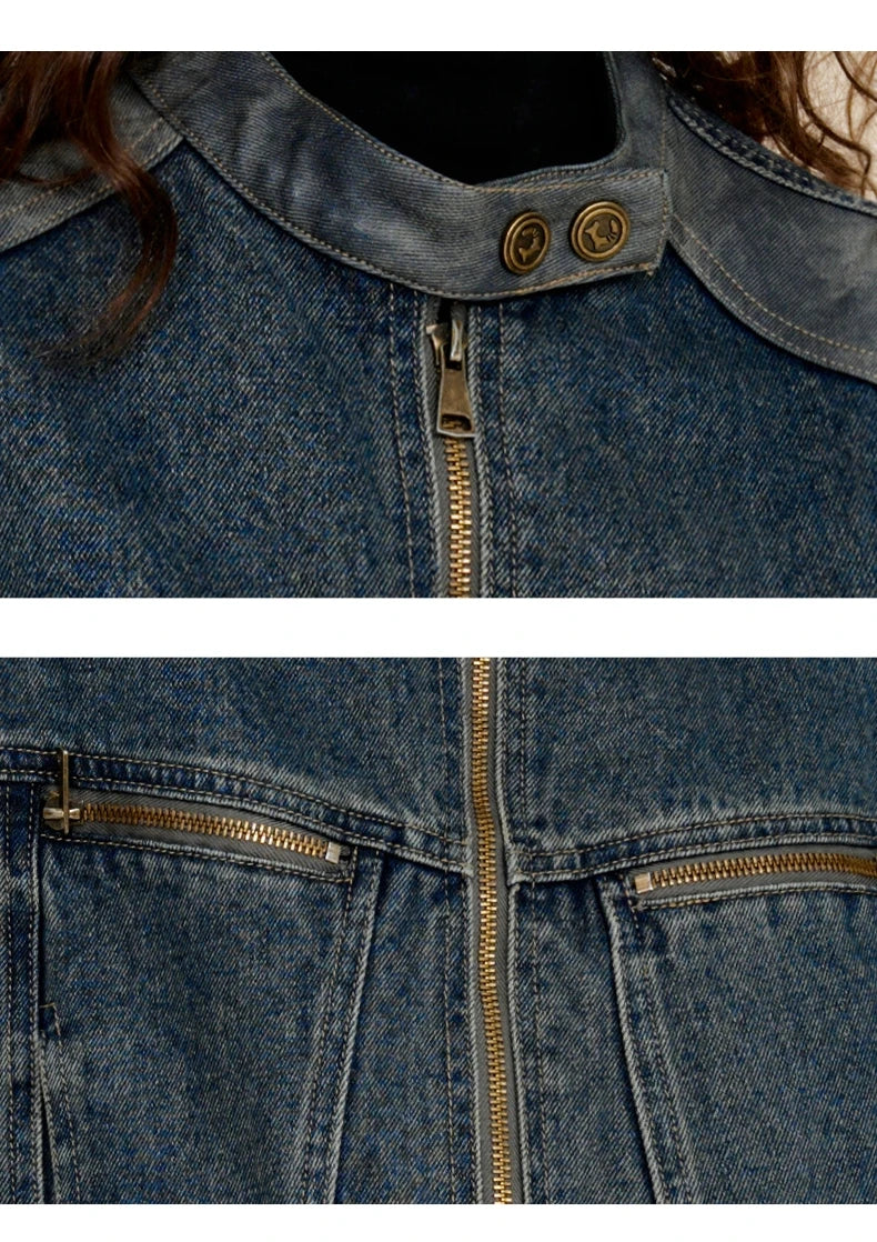 COOLHUT New Arrival Women's 2025 American Style Denim Jacket Stand Collar Color Block PU Trim Slim Fit Casual Fall Outerwear