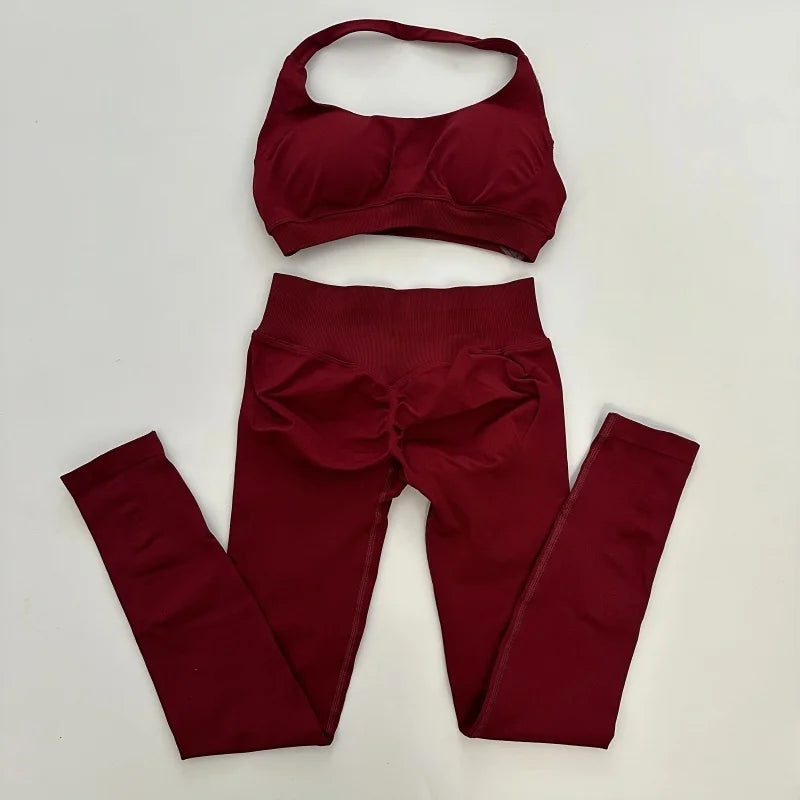 Ladies seamless yoga suit; two-piece fitness leggings; hip-lifting yoga pants set; gym sport suit; backless sports bra with